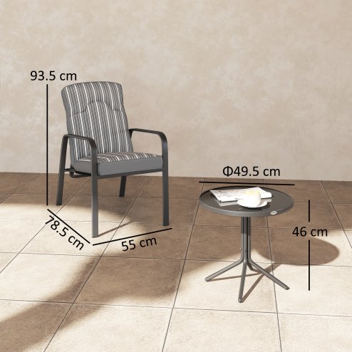 Outsunny 3-Piece Patio Bistro Set, 5-Position Adjustable Recliner Garden Chairs and Tempered Glass Table, Garden Furniture Set with Cushions, High Back, Armrests, Metal Frame for Balcony Patio, Grey