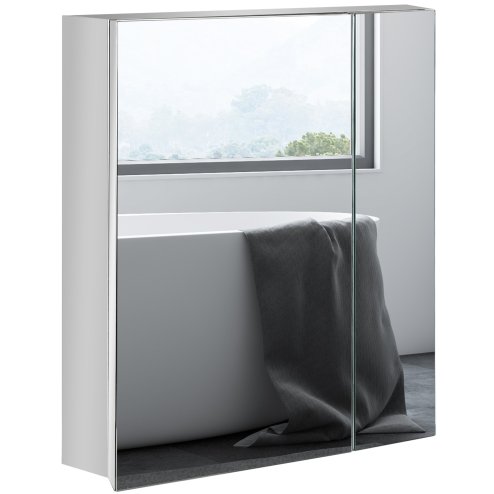 kleankin Bathroom Mirror Cabinet, Stainless Steel Wall-Mounted Bathroom Storage Cabinet with 2 Hinged Doors and Shelves for Laundry Room, 54W x 60Hcm, Silver