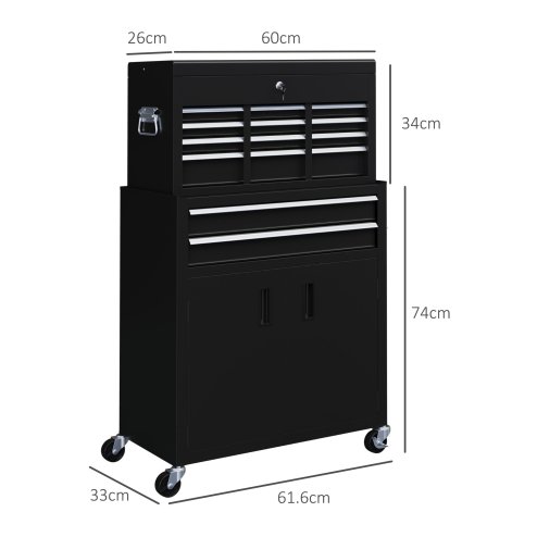 HOMCOM Tool Chest, Metal Tool Cabinet on Wheels with 6 Drawers, Pegboard, Top Chest and Roller Cabinet Combo, 61.6 x 33 x 108cm, Black