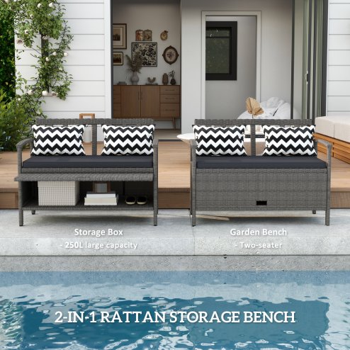 Outsunny 2 Seater Garden Storage Bench with 160L Capacity, PE Rattan Garden Bench with Storage, Wicker Outdoor Bench Loveseat with Cushion, Pillows and Steel Frame for Patio, Grey