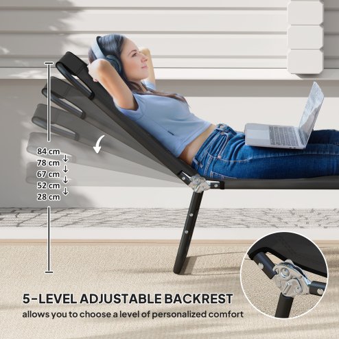 Outsunny Foldable Sun Lounger Set of 2 with 5-Position Adjustable Backrest, Outdoor Portable Recliner Chaise Lounge Chair with Breathable Mesh Fabric, Black