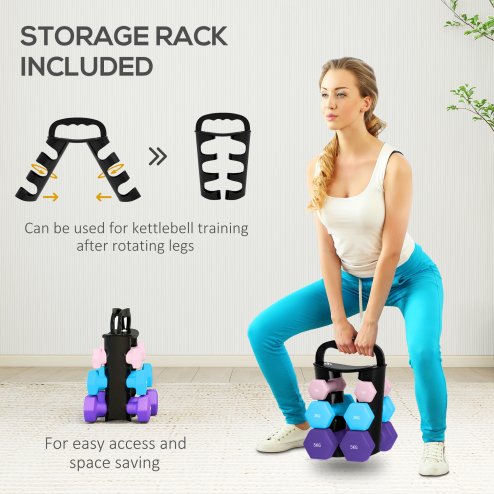 SPORTNOW Dumbbells Set with Carry Storage Rack, Set of 6 Weights for Home Gym, Kettlebell Training Weight Lifting Exercise, 2 x 1kg, 2 x 3kg, 2 x 5kg