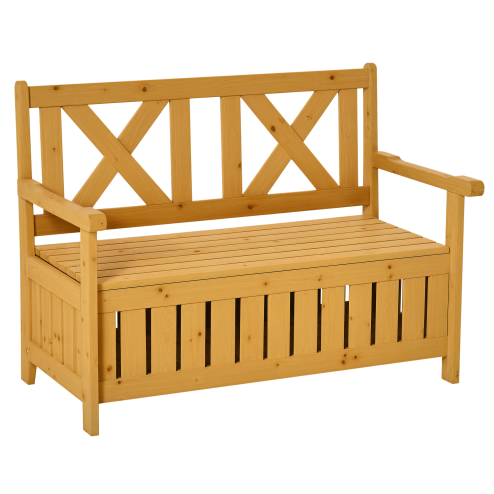 Outsunny Wood Garden Bench 2 Seater Storage Chest Patio Seating Chair with High Back and Armrest, Yellow
