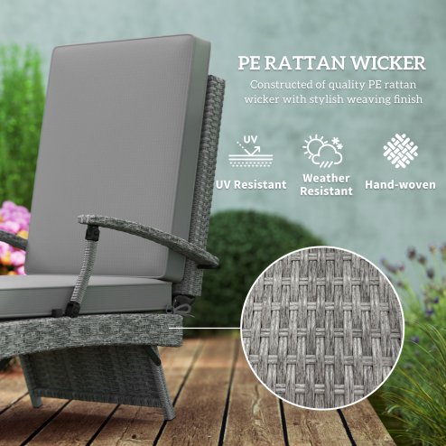 Outsunny Outdoor PE Rattan Recliner Chair with Cushion, Foldable Design Garden Recliner Chair with Retractable Footrest and Adjustable Back with 80 Degree Recline