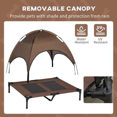 PawHut Raised Dog Bed Waterproof Elevated Pet Cot with Breathable Mesh UV Protection Canopy Brown, for Large Dogs, 92 x 76 x 90cm