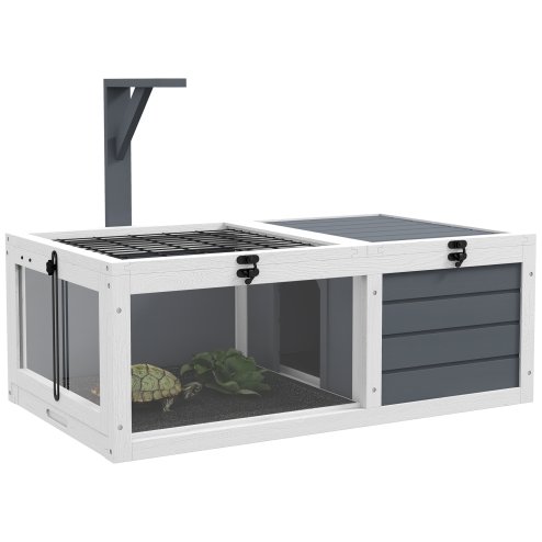 PawHut Tortoise House, Wooden Tortoise Table, Tortoise Enclosure with Wooden Lamp Holder, Openable Lids, Pull-Out Trays - Grey
