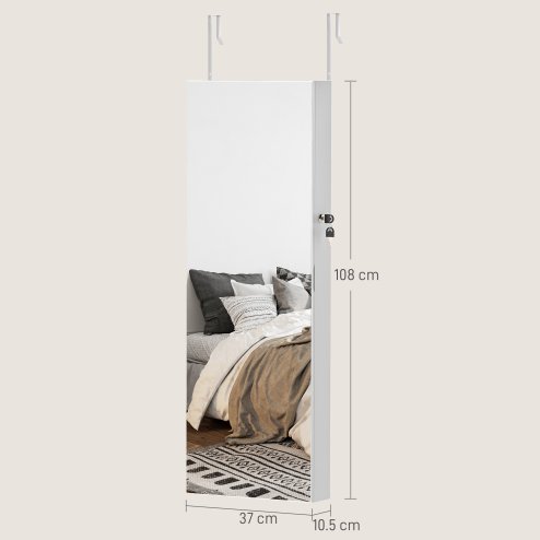 HOMCOM Jewellery Cabinet with LED Lights, Door Hanging or Wall Mounted Full Length Mirror with Storage, Lockable Jewellery Organiser, White Surface and Black Lining