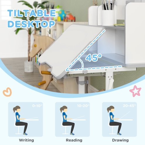 AIYAPLAY Kids Desk and Chair Set, Height Adjustable Children School Study Desk, Student Writing Desk with Tiltable Desktop Drawer, Pen Slot, Reading Rack for Ages 3-13 Years, Grey