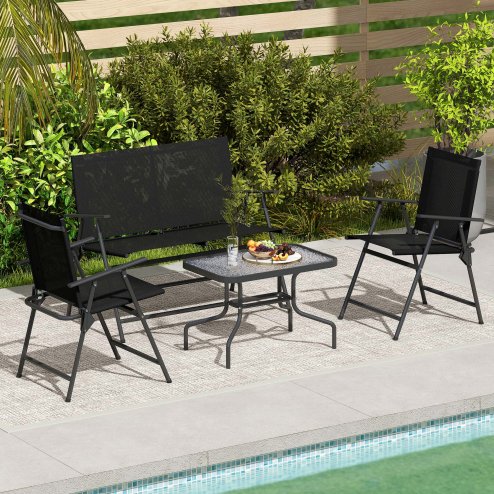 Outsunny Outdoor 4 Pieces Patio Furniture Set with Breathable Mesh Fabric Seat & Backrest, Garden Set with Two Foldable Armchairs, a Loveseat & Glass Top Table, Black