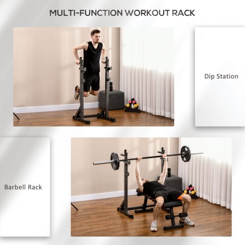 SPORTNOW Heavy-Duty Squat Rack, Adjustable Barbell Rack with Dip Station, Multi-Function Weight Lifting, for Home, Gym, Max Load 150kg - Black