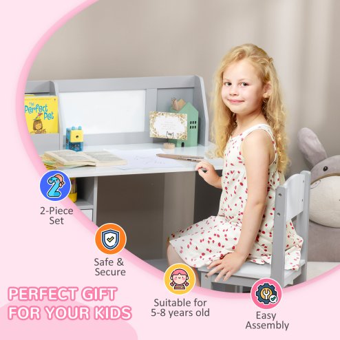 HOMCOM Kids Desk And Chair Set 2 PCs Childrens Table And Chair Set Multi Use Toddler Furniture with Whiteboard, Storage - Grey