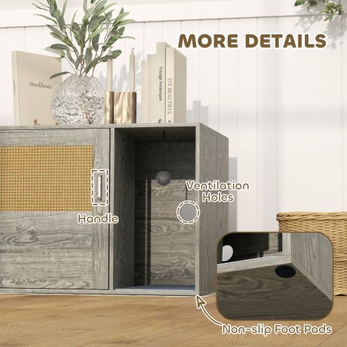 PawHut Cat Litter Box Enclosure with Rattan Door, Boho Style Hiddern Litter Box Furniture, Cat House End Side Table with Scratching Mat, Toy Ball, Non-slip Foot Pads, 80 x 50 x 50cm, Grey
