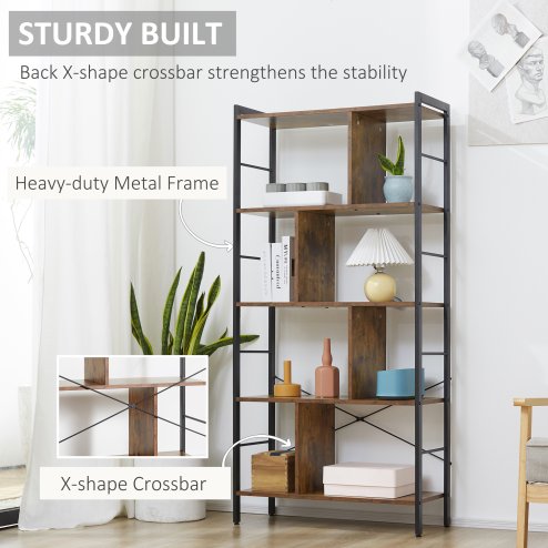 HOMCOM Industrial Storage Unit, 5 Tiers Bookcase with Open Compartments for Office Living Room, Bedroom, Rustic Brown and Black