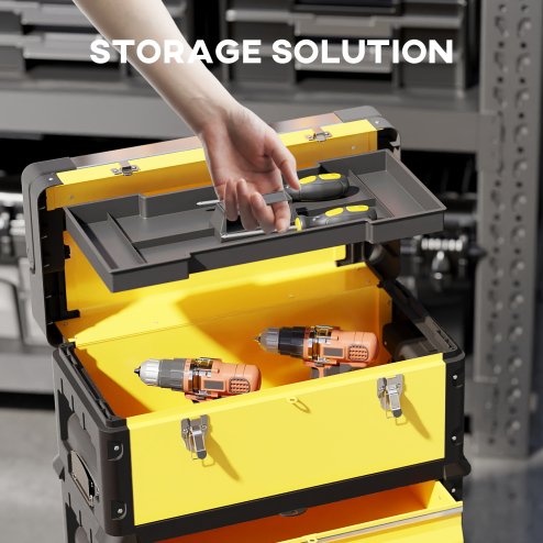 HOMCOM 3-in-1 Rolling Tool Box, Stackable, Modular Powder Coated Steel Toolbox with Tray, Handles, Latches, Wheels, Heavy Duty Tool Storage System for Workshop, Garage, 520mm x 320mm x 720mm, Yellow