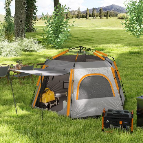 Outsunny Instant Pop Up Camping Tent, 2/3/4 Person Easy Setup Dome Family Tent with Vestibule, Rainfly, 4 Mesh Windows & 2 Doors, Hexagonal Design, Waterproof & UV Protected, Light Grey