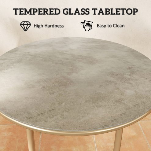 Outsunny Round Small Garden Table, 60cm Outdoor Side Table with Faux Marble Tempered Glass Top, Steel Frame for Garden Patio Balcony, Beige