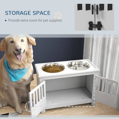 PawHut Raised Dog Bowls for Large Dogs, Pet Feeding Station, Doors with Latch, Storage Cabinet, Two Stainless Steel Bowls - White