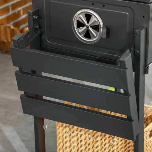 Outsunny Charcoal Barbecue Grill Trolley with Adjustable Charcoal Pan, Galvanised Steel Smoker BBQ Grill with Storage Shelves, Lid, Themometer, Bottle Opener and Wheels, Black