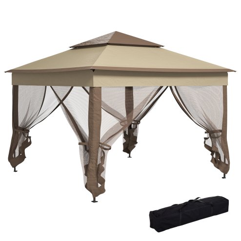 Outsunny 3 x 3(m) Pop Up Gazebo, Marquee Party Tent with Double Tier Roof, Netting and Carry Bag, Event Shelter for Outdoor Patio, Khaki