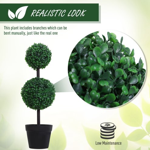 Outsunny Set of 2 Artificial Boxwood Ball Topiary Trees Potted Decorative Plant Indoor D??cor (67cm)