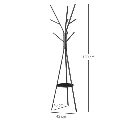 HOMCOM Freestanding Metal Coat Rack Stand 9 Hooks Clothes Tree with 1 Shelf Hat Display Hall Tree Hanger Bag Umbrella Hanging Organiser 