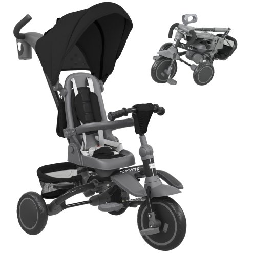 AIYAPLAY Kids Trike, 6 in 1 Toddler Tricycle with Adjustable Parent Handle & Canopy, Convertible Seat, for Ages 1-5 Years, Foldable Baby Trike with Safety Harness, Storage Basket & Bag, Black