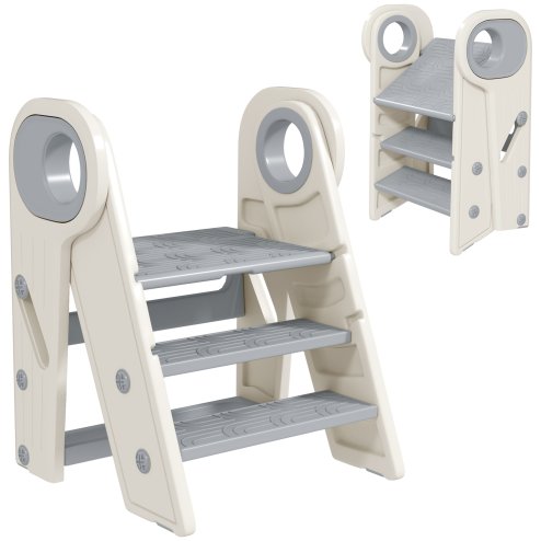 AIYAPLAY Kids Step Stool, Foldable Toddler Kitchen Stool, Adjustable Standing Tower with Handle, Non-Slip for Bathroom, Sink, Kitchen, Counter, Toilet Potty Training, Grey