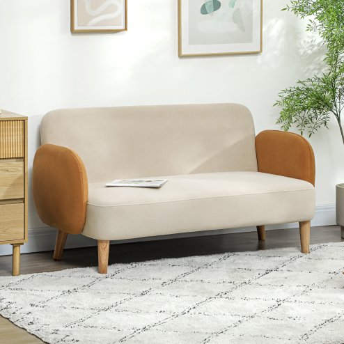 HOMCOM 2 Seater Sofa, Modern Nordic Loveseat Sofa Couch with Rubber Wood Legs, Velvet Fabric Sofa for Living Room, Bedroom, 130 x 74 x 76cm, Cream White and Orange