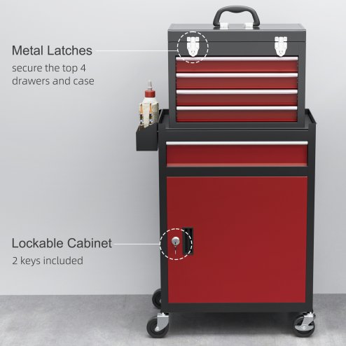 HOMCOM Rolling Tool Cabinet on Wheels with 5 Drawers and Lockable Cabinet, Portable Top Tool Chest and Roller Cabinet Combo for Workshop and Home, Red