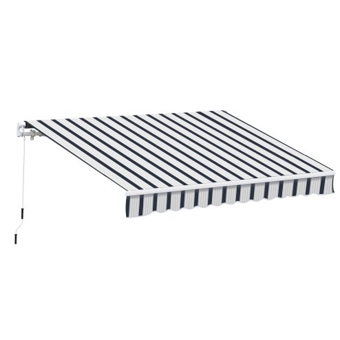 Outsunny 4 x 3(m) Garden Patio Manual Awning Canopy Aluminium Sun Shade Shelter Retractable for Backyard, Blue and White