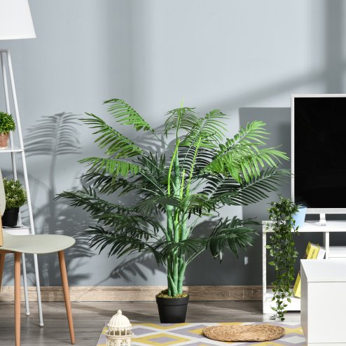 Outsunny 125cm/4FT Artificial Palm Plant Decorative Tree with Nursery Pot, Fake Plastic Indoor Outdoor Home Office D??cor, Green