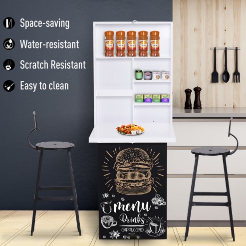 HOMCOM Folding Wall-Mounted Drop-Leaf Table, Convertible Wall Table With Chalkboard and Storage Shelf, Multifunctional Floating Desk for Home Office