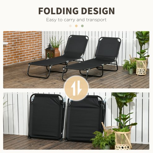 Outsunny Folding Sun Loungers Set of 2, Outdoor Day Bed with 5-Position Adjustable Backrest, Portable Recliner Garden Chairs with Breathable Mesh for Beach, Patio, Black