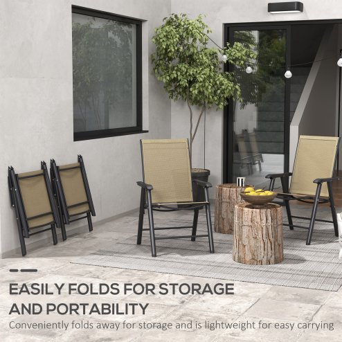 Outsunny Set of 4 Folding Garden Chairs, Metal Frame Garden Chairs Outdoor Patio Park Dining Seat with Breathable Mesh Seat, Light Brown