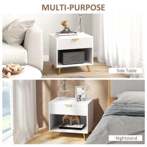 HOMCOM Bedside Table, Bedside Cabinet With Drawer and Open Compartment, Nightstand With Handle for Bedroom, Living Room, White