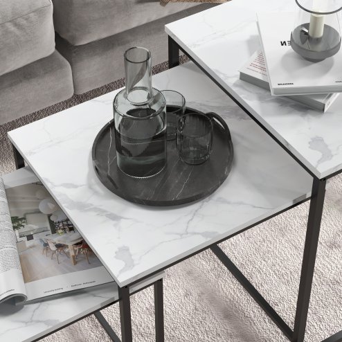 HOMCOM Nesting Tables Set of 3, Side End Table with Faux Marble Effect Top and Steel Legs for Living Room, Bedroom, White