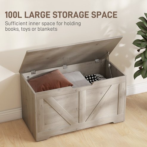 HOMCOM 100L Storage Chest, Storage Trunk with 2 Safety Hinges and U-shaped Cut-out Pull, Organizer Box for Living Room, Entryway, 80 x 40 x 45 cm