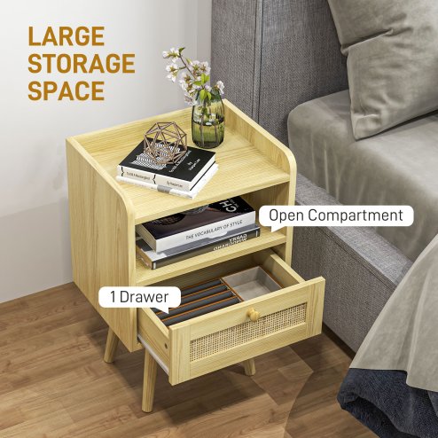 HOMCOM Bedside Tables Set of 2, Boho Styled Nightstand with Drawer, Storage Compartment and Rattan Accent, Side End Table for Bedroom, 40 x 30 x 60cm, Natural Wood Finish