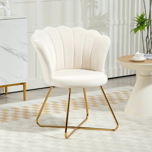 HOMCOM Modern Armchair, Velvet Tufted Accent Chair with Lotus Backrest, Occasional Tub Chair with Steel Legs for Living Room, Bedroom, Cream