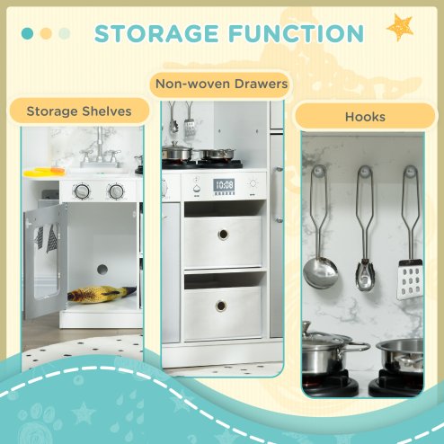AIYAPLAY Wooden Play Kitchen Kids Toy Kitchen Playset Role Playing Game with Lights, Sounds, Apron and Chef Hat, Ice Maker, Microwave, Range Hood, Utensils, Cuttable Food, for Ages 3-6 Years - White
