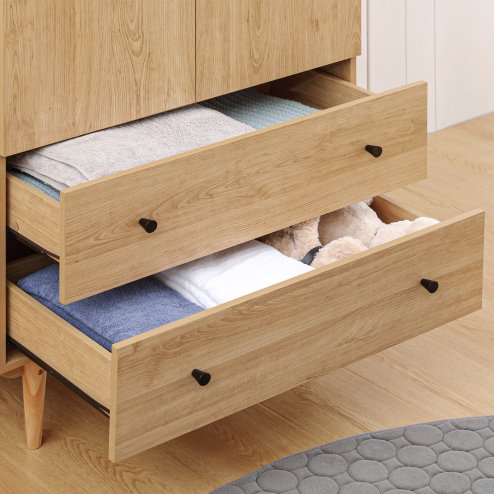 HOMCOM 2 Door Wardrobe with 2 Drawers, Hanging Rail, Anti-tipping Design for Bedroom Clothes Storage Organiser, Natural Wood Colour