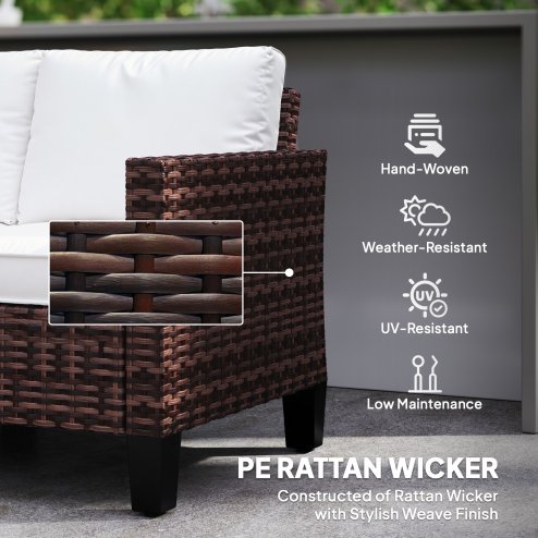 Outsunny 2 Seater Rattan Sofa with Cushions, Wicker Garden Loveseat with Armrests, Outdoor Garden Sofa Couch with Steel Frame for Balcony, Porch, Brown