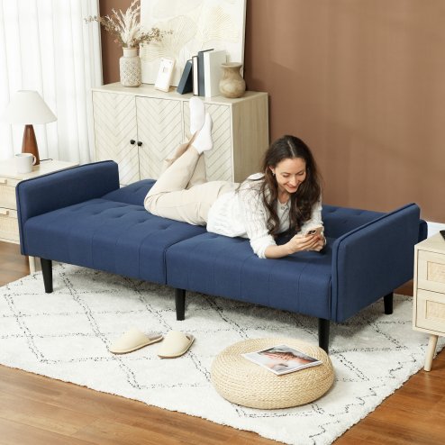 HOMCOM Click Clack Sofa Bed, Linen-Feel Fabric 3 Seater Sofa for Living Room/Spare Room/Guest Room, Bed Settee with Cup Holders