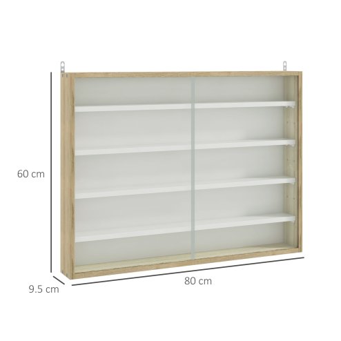 HOMCOM 5-Tier Wall Mounted Display Cabinet, Display Case with 4 Adjustable Shelves, Glass Doors for Home Office Ornaments 60x80cm, Natural