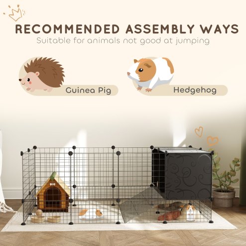 PawHut Rabbit Run, Pet Playpen, Small Animal Cage Enclosure, C&C Cage with Elevated Huts, 31 Panels, for Guinea Pigs, Hedgehogs, for Indoor Use
