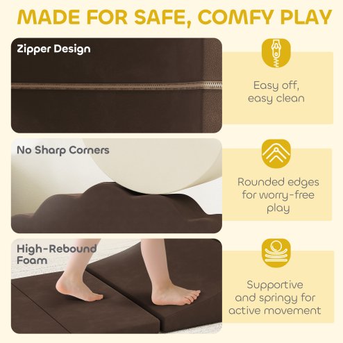AIYAPLAY Kids Soft Play Set, 7 Piece Foam Climbing Blocks with Detachable Cover, Baby Indoor Climb and Crawl Foam Play Set for Toddlers, Preschoolers, Brown