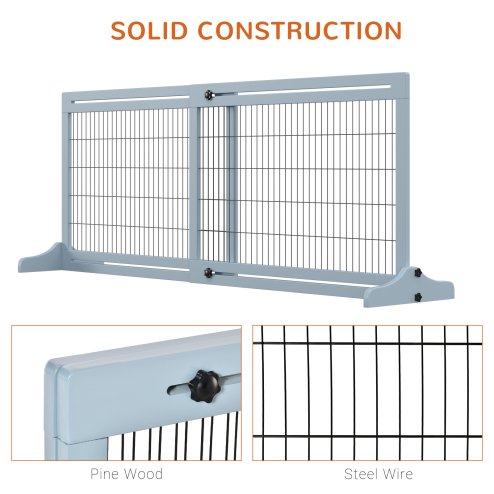 PawHut Freestanding Dog Gate, Foldable Pet Fence, Indoor Wood Barrier, Stair Gate with Support Feet, for Doorway, Hallway, Small and Medium Dogs, 69H x 104-183 cm, Blue-grey