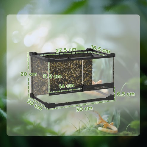 PawHut Reptile Glass Terrarium, Reptile Vivarium with Stone Background, Front Ventilation, Escape-Proof Knob Lock, Glass Enclosure for Lizards, Horned Frogs, Snakes, 30 x 20 x 20 cm, Black