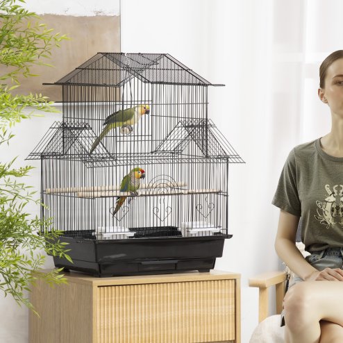 PawHut Metal Bird Cage with Plastic Swing Perch Food Container Tray Handle for Finch Canary Budgie 43.5 x 33 x 63 cm, Black