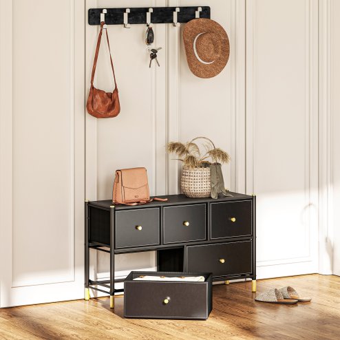 HOMCOM Chest of Drawers, 5 Drawer Fabric Dresser with PU Leather Surface, Steel Frame, Storage Organizer Unit for Bedroom, Living Room, Hallway, Closet, Easy to Assemble, Black
